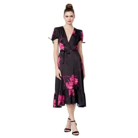 Betsey Johnson Women’s Sz 10 Black Pink Floral Satin Midi Dress - Picture 1 of 14